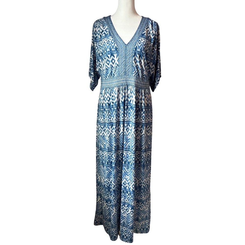 Blue Saks Fifth Avenue Ikat Geometric V-Neck Maxi Dress Blue White Medium